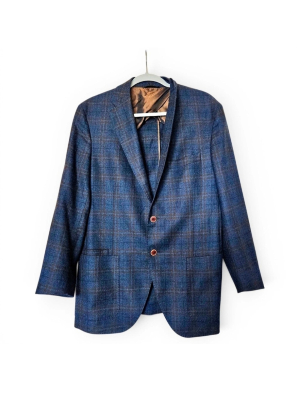 Luciano Barbera Sport Coat, Blue and Brown Plaid, 52R wool cashmere silk